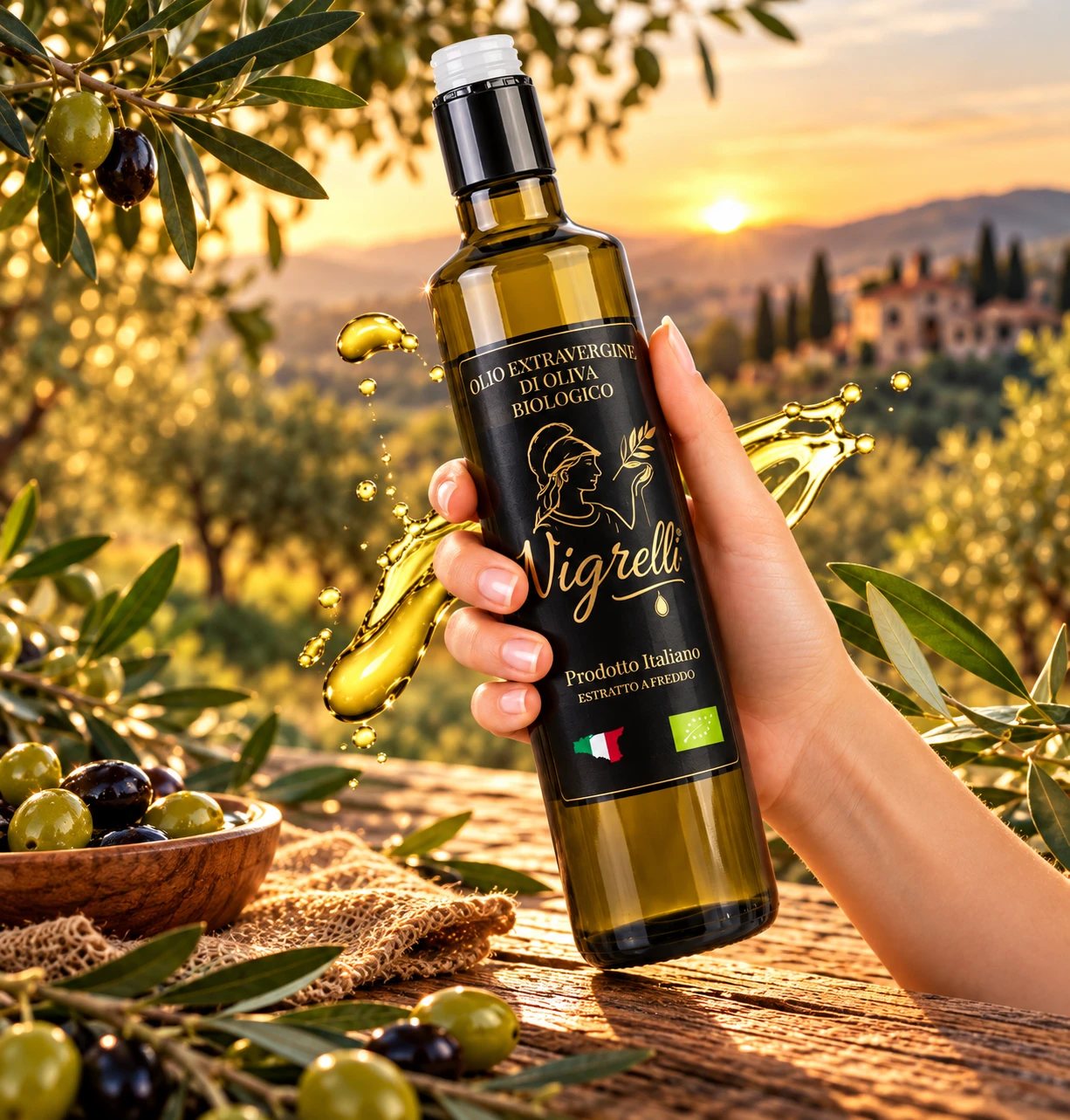 Mano che tiene una bottiglia di olio EVO biologico Nigrelli nell'uliveto al tramonto